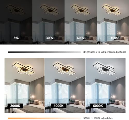 JIINOO Dimmable LED Ceiling Light, 110cm Flush Mounted Ceiling Light with Remote Control, 70W Square Acrylic Modern Simple Design Fixture for Bedroom Living Room, Black