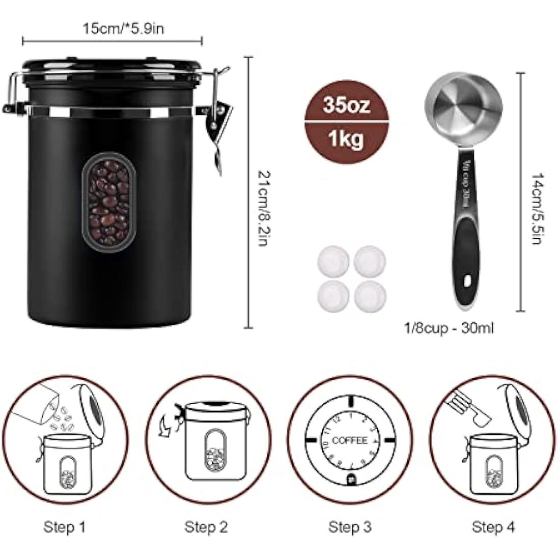 2800ML Airtight Coffee Canister with Date Tracker and Transparent Window, 35OZ Coffe Beans Storage with 30ML Measure Spoon&4 co2 Valve, Coffee Container for Grounds Coffee, Beans, Tea, Sugar, Flour