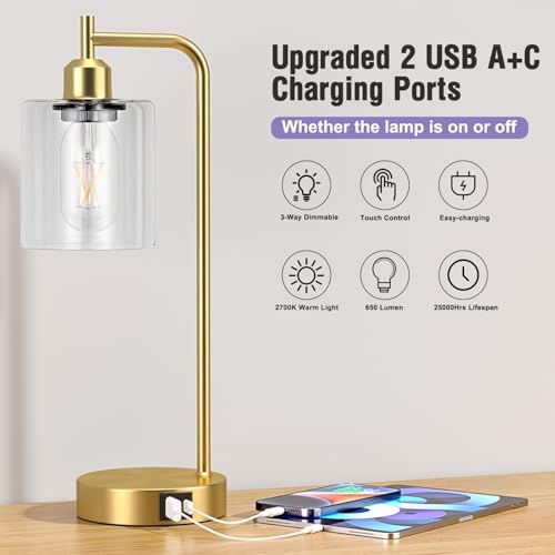 Aooshine Industrial Touch Lamps Set of 2, Gold Bedside Lamps Set of 2 with Glass Shade for Bedroom(Bulbs Included)