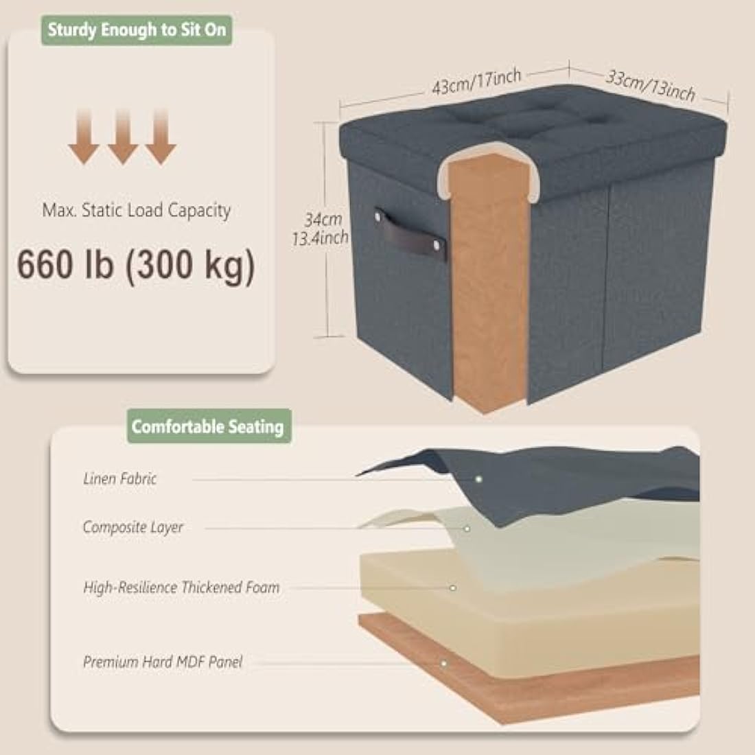 Hoiwio Storage Ottoman Shoe Organiser for Closet - Adjustable Dividers Storage Box for Shoes | Clothes | Toy | Blanket, Foldable Pouffe Footstool Small Bench Shoe Cabinet