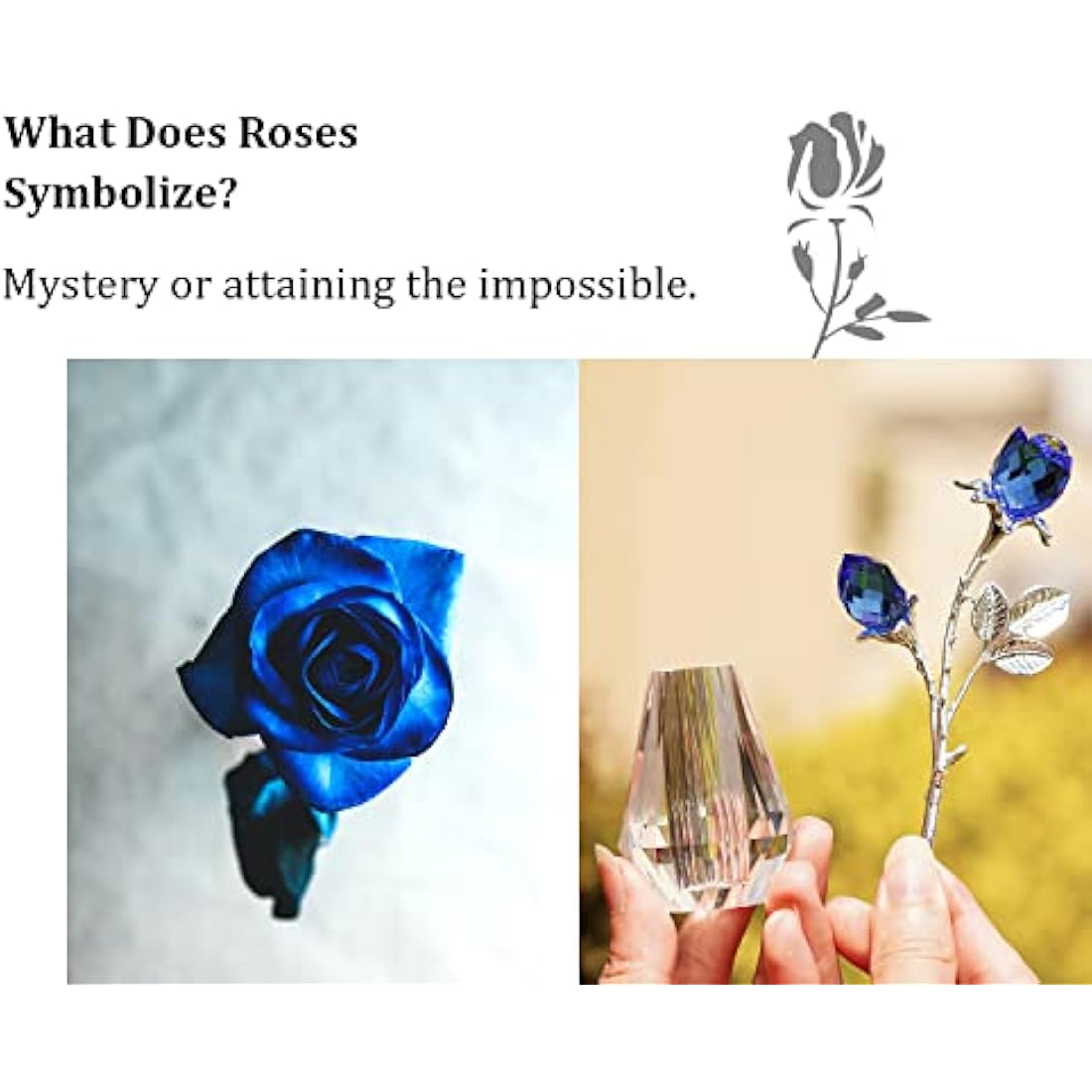 H&D HYALINE & DORA Two Crystal Blue Roses,Crystal Rose Figurine with Silver Pole,Forever Crystal Rose Paperweight Romantic Gift for Her/Wife/Mom/Women