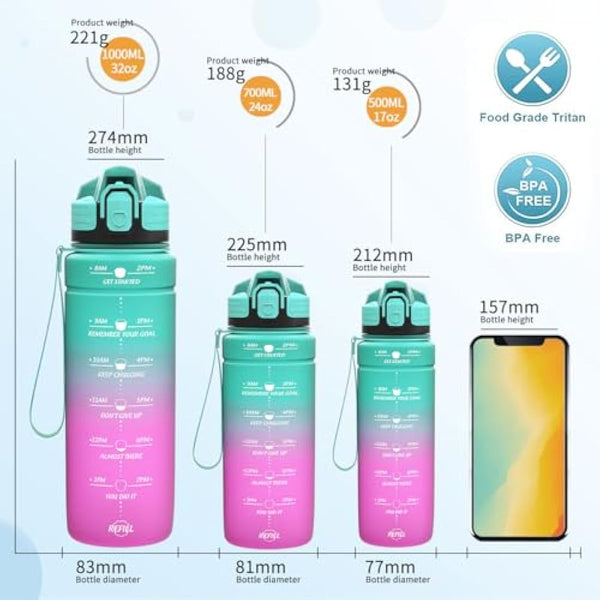 Niggeey 500ml & 700ml & 1000ml Motivational Water Bottle with Time Marker, Sports Water Bottles, Leak Proof BPA Free Tritan Drink Bottle for Kids, Men, Women, Running, Cycling, School, Gym and Sport