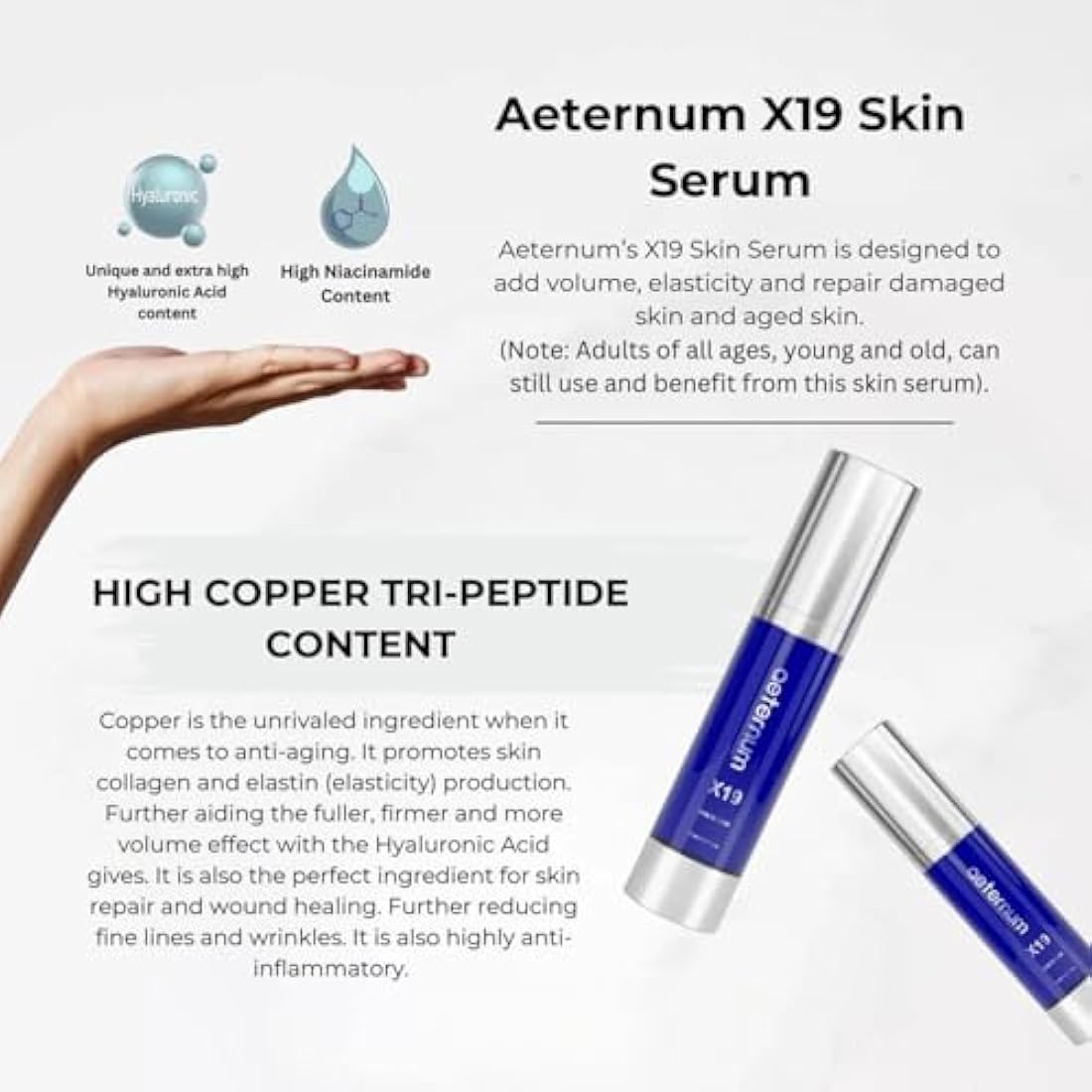 aeternum X19 Skin/Face Serum – Overnight Hyaluronic Acid Serum with Multi-Molecular Hyaluron, Copper Tripeptide & Niacinamide for Volume, Elasticity & Skin Repair
