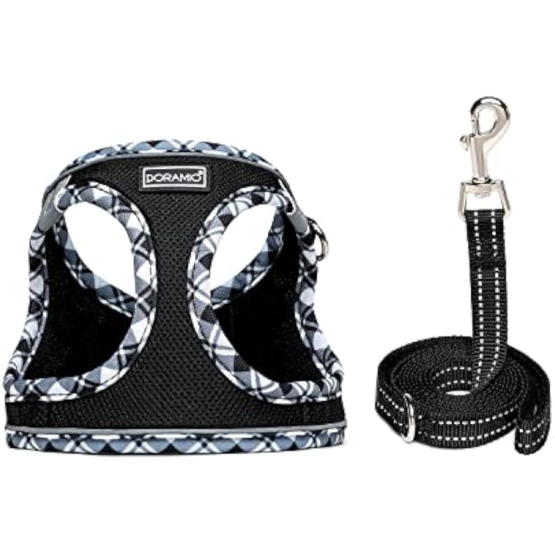 DORAMIO Step-in Dog Harness and Leash Set, Soft Mesh No-Chock Reflective Breathable Easy Walk Lightweight Vest Harnesses with Safety Buckle for Small Dogs, Cats, Puppies (Black White, XL)