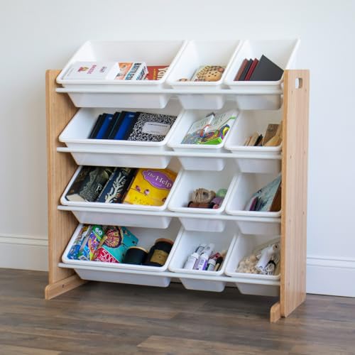 Humble Crew Journey Wooden Toy Storage Organiser for Children, with 12 BPA Free Plastic Removeable Storage Bins, Ideal for Storing Toys, Games, Books