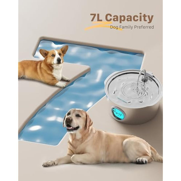 Dog Water Fountain for Drinking: Stainless Steel Cat Water Fountain for Drinking - 7L/236oz/1.8G Quiet Pet Fountain Water Bowl - Convenient Handle-Design - for Large Dogs Cats & Multi-Pets Home