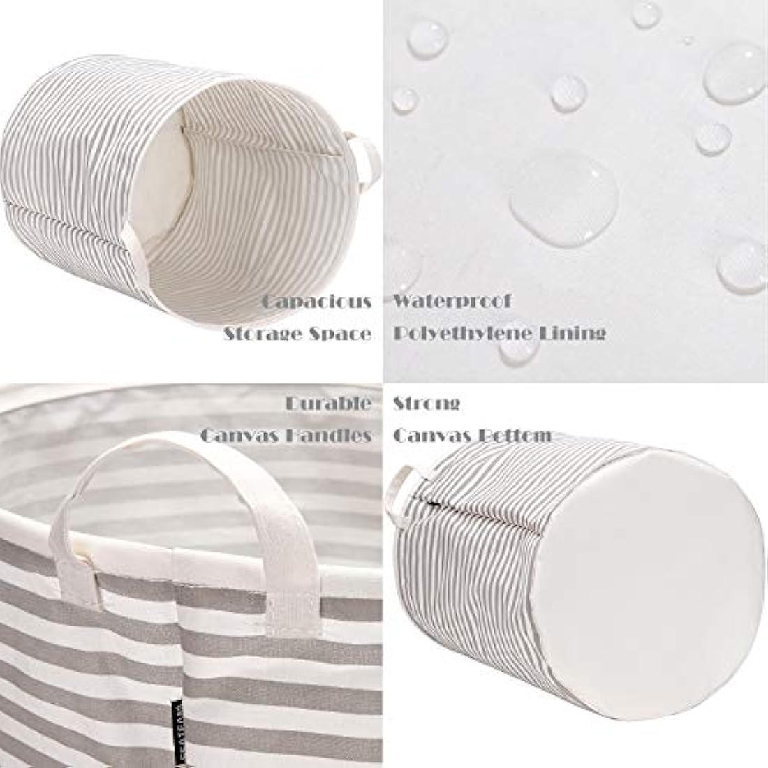 Sea Team 19.7 Inch Large Sized Waterproof Coating Ramie Cotton Fabric Folding Laundry Hamper Bucket Cylindric Burlap Canvas Storage Basket with Stylish Grey Stripe Design