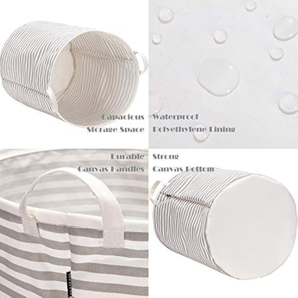 Sea Team 19.7 Inch Large Sized Waterproof Coating Ramie Cotton Fabric Folding Laundry Hamper Bucket Cylindric Burlap Canvas Storage Basket with Stylish Grey Stripe Design