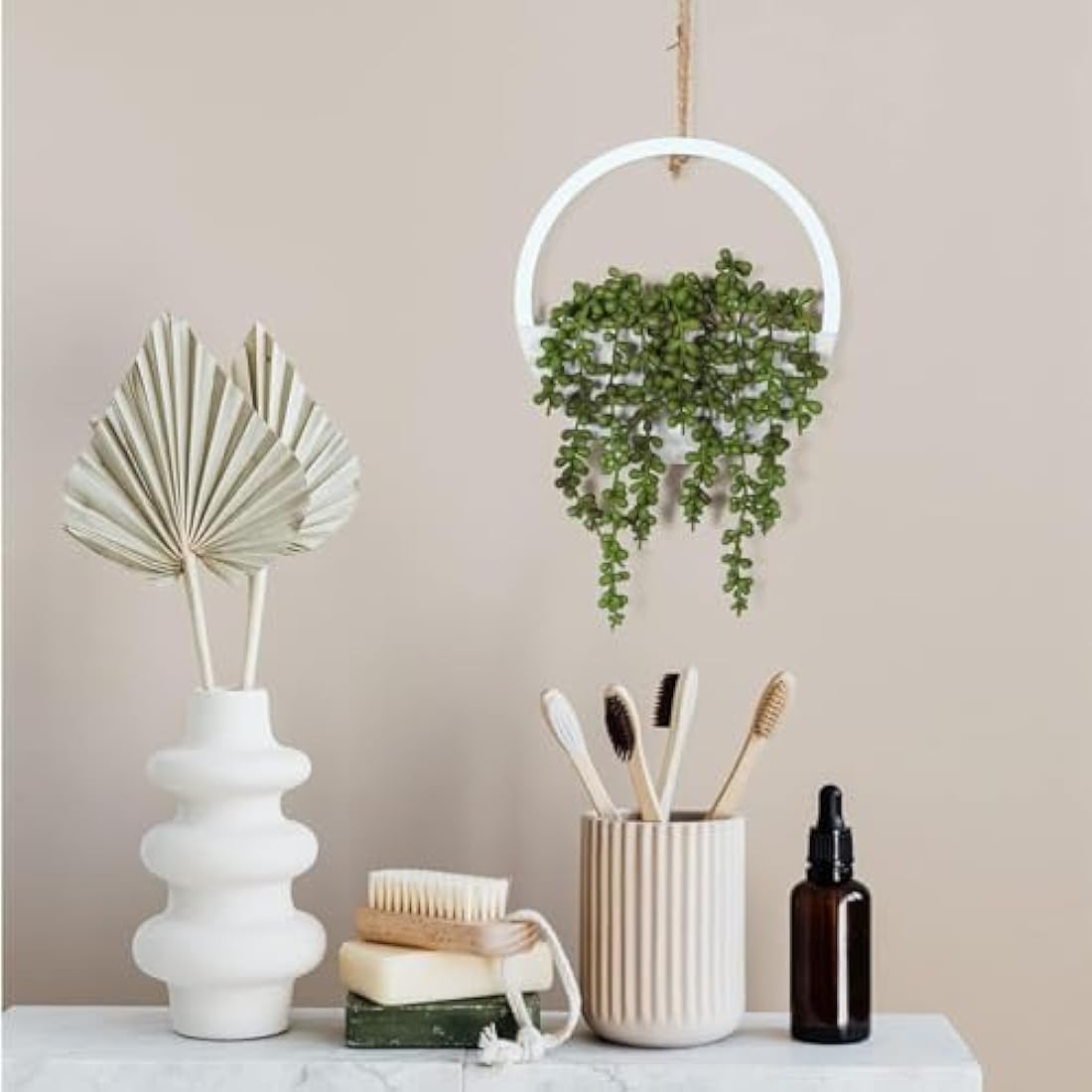 Hobyhoon Hanging Plant Artificial Succulents Fake String of Pearls Plants 12.2'' in Wooden Pot for Indoor Outdoor Wall Decor (1PCS)