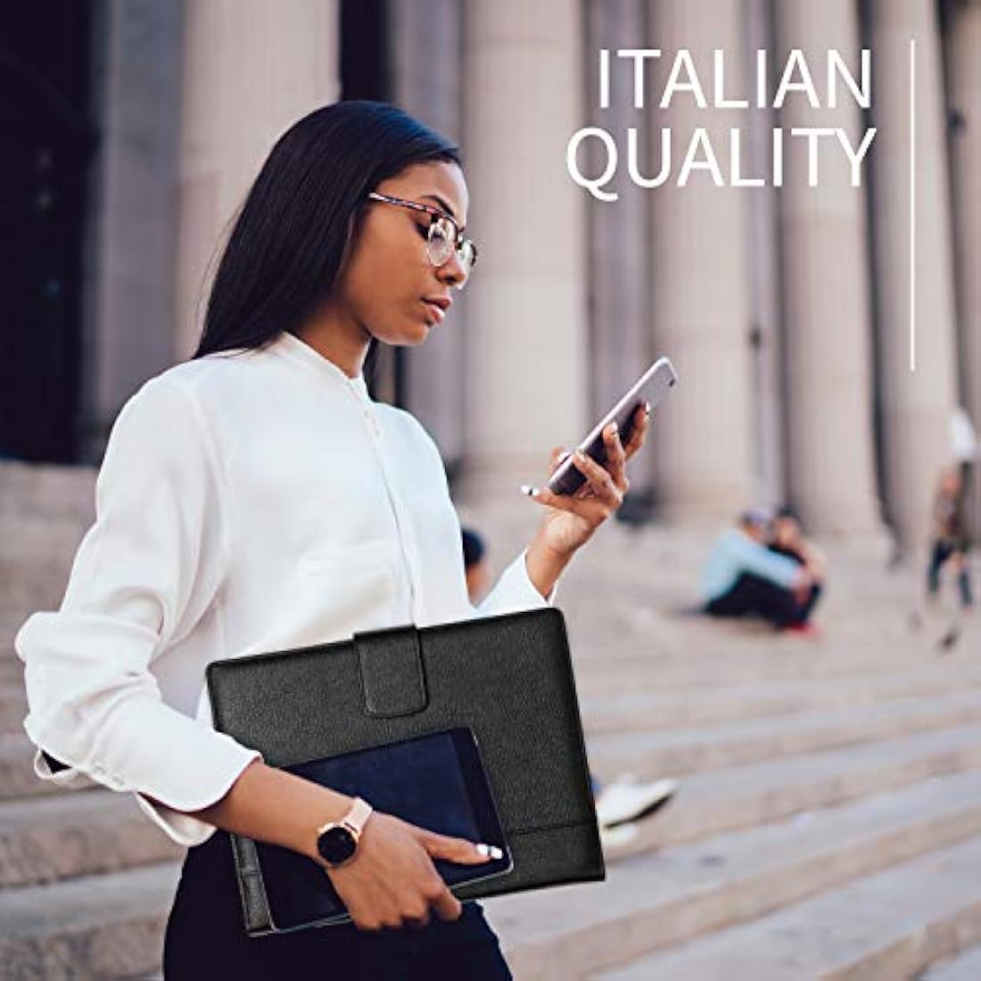 Document Holder in 100% Genuine Full Grain Hammered Leather - Handmade by Expert craftspeople - Spacious and Safe, Perfect for Meetings and Lessons - with Magnetic Closure - Black