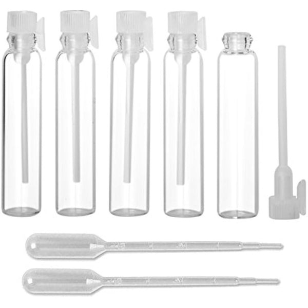 Enslz 100Pcs Mini Sample Cute Glass Travel Oil Perfume Bottle with Drop& Vials Empty Sample Bottle for Essential Oils Aromatherapy… (1ml)