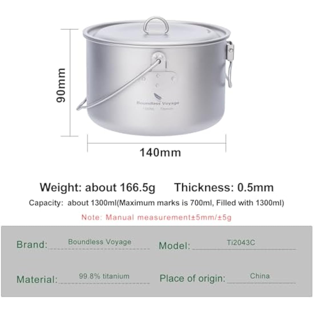 iBasingo 1.3L Titanium Pot Camping Cookware Hanging Stockpot Outdoor Small Bowl Cup Lightweight Hiking Picnic Portable Campfire Cooking Kit Travel 1 Person Kitchenware Tableware Mess Kit Ti2043C