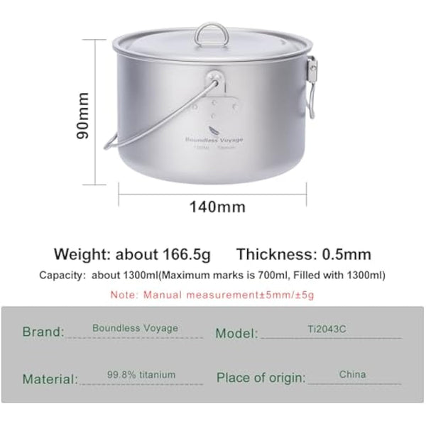 iBasingo 1.3L Titanium Pot Camping Cookware Hanging Stockpot Outdoor Small Bowl Cup Lightweight Hiking Picnic Portable Campfire Cooking Kit Travel 1 Person Kitchenware Tableware Mess Kit Ti2043C