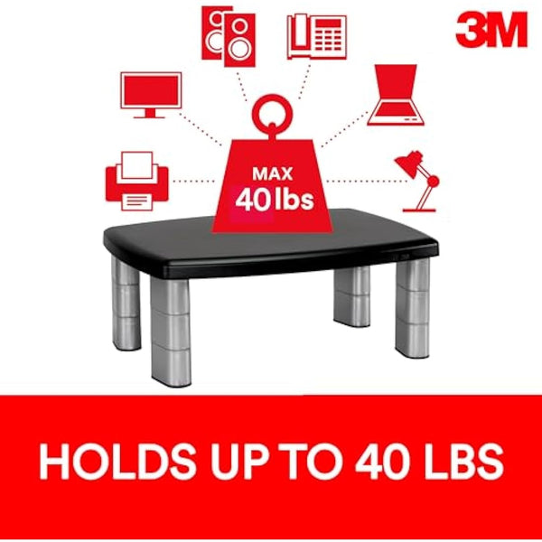 3M Office Adjustable Monitor Stand, 50.8 x 30.48 x 14.9 cm - Black/Silver