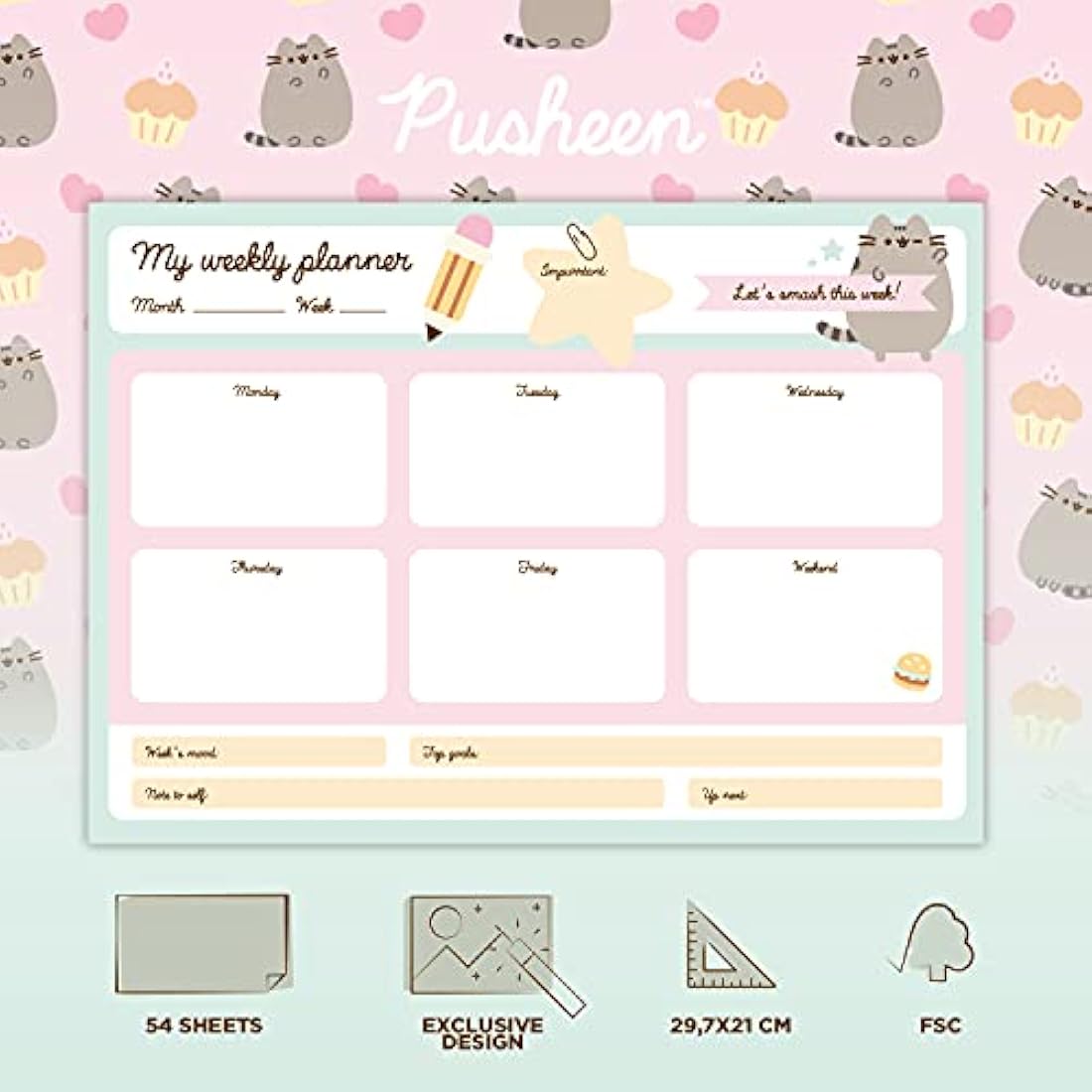 Grupo Erik Weekly Planner A4 - Pusheen Cat Stationery | Daily Planner Family, Desk Calendar, 54 Tear Off Pages Notepad | Pusheen Gifts, Pusheen Merchandise