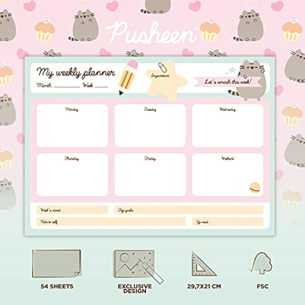 Grupo Erik Weekly Planner A4 - Pusheen Cat Stationery | Daily Planner Family, Desk Calendar, 54 Tear Off Pages Notepad | Pusheen Gifts, Pusheen Merchandise