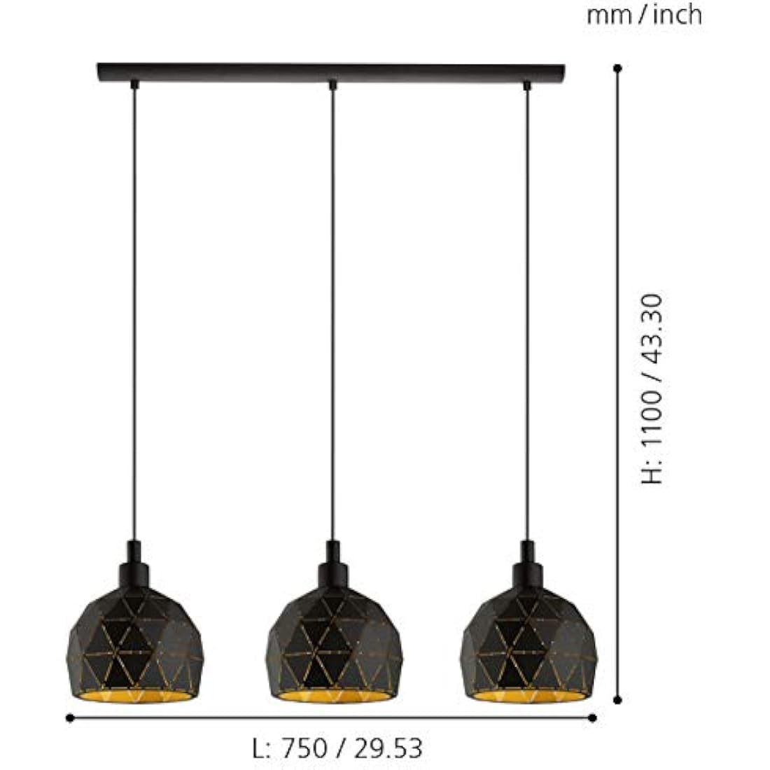 Eglo Roccaforte 3-flame Pendant Lamp, Steel, Black and Gold Hanging Light, E27 Socket