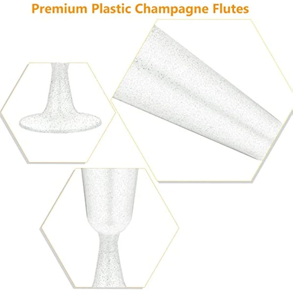 JMIATRY 100 Pcs Plastic Champagne Flutes, 160ml/5.6oz Multi-Use Champagne Flutes Reusable, Plastic Flutes Great for Wedding, Christmas, Birthday Party and Daily Use, Silver Glitter