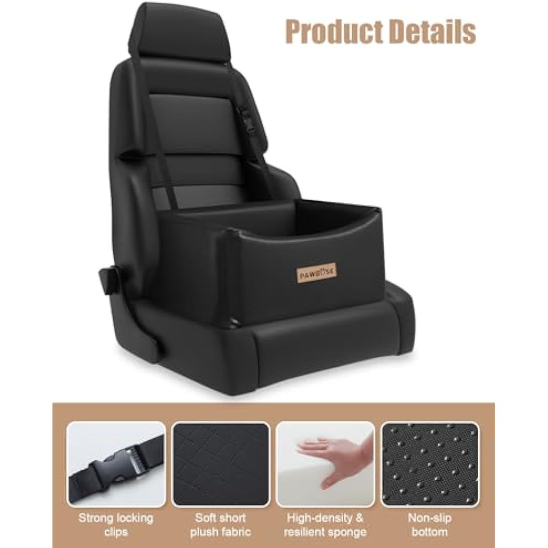 PAWBOSE Car Dog Seat for Small Medium Dogs up to 35lbs, Black Elevated Pet Car Seat with Dog Safety Belt, Waterproof Pet Car Travel Bed