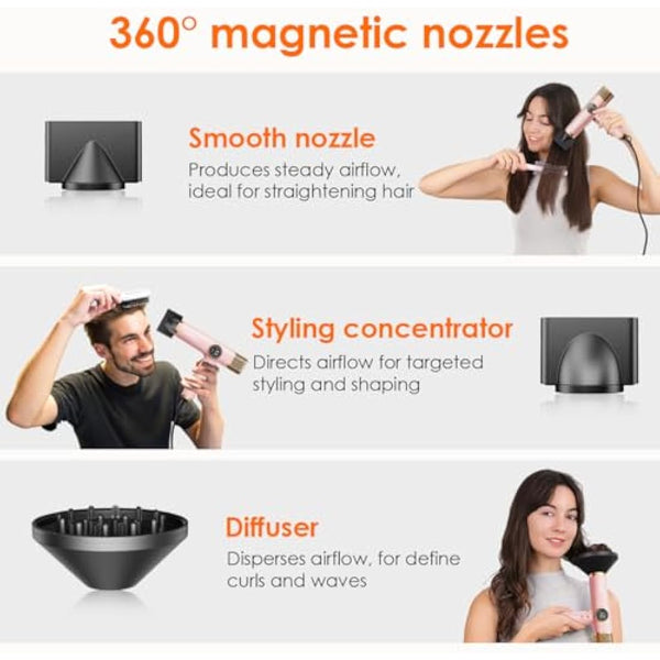 Faszin Hair Dryer, Lightweight Hairdryer with 110,000 RPM High Speed Motor for Fast Drying, 200 Million Ionic Hairdryers for Women & Men, Low Noise Hair Dryers, with 3 Magnetic Nozzle (Pink)