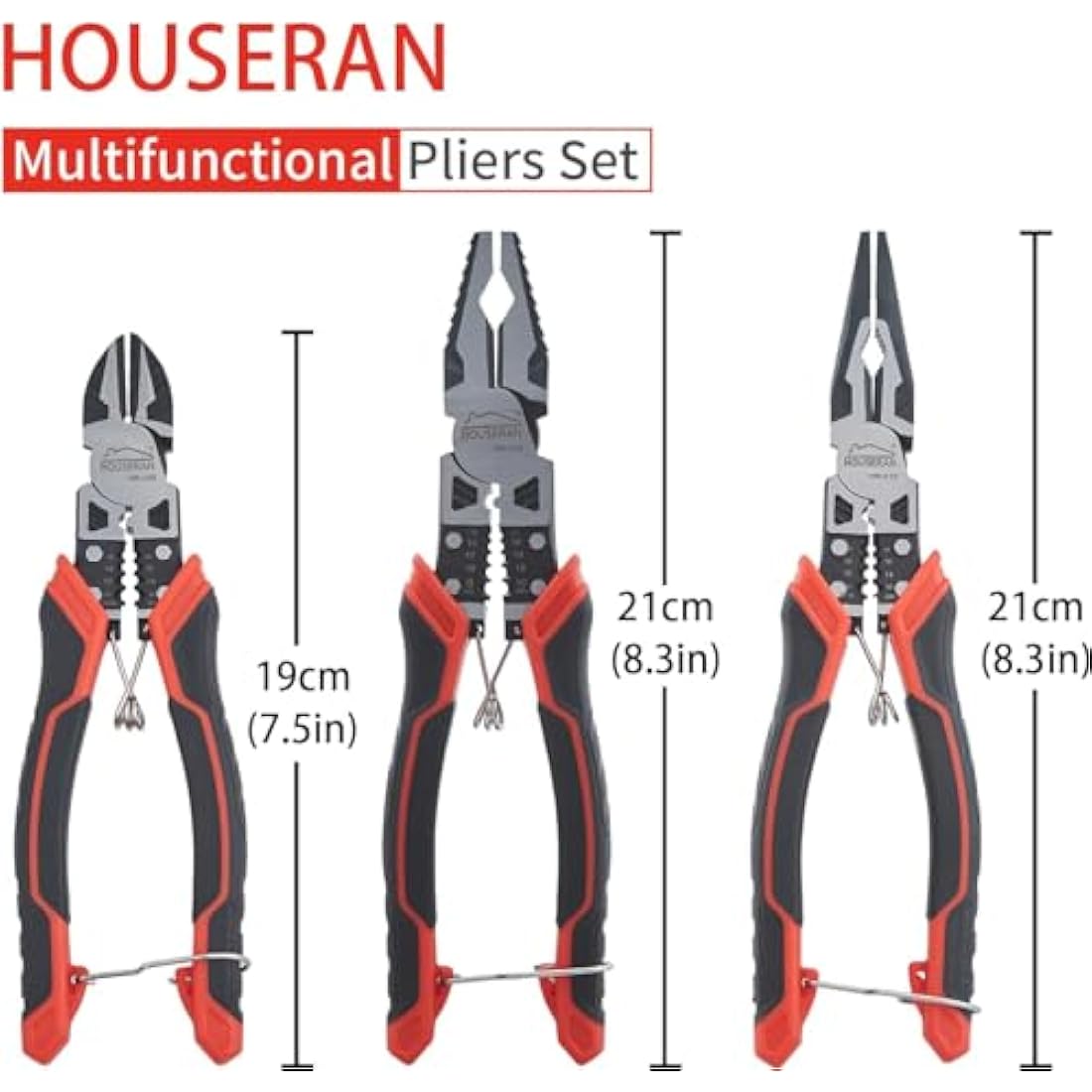 HOUSERAN 3-Piece Pliers Tool Set - 8.3” Needle Nose & Lineman Pliers, 7.5” Diagonal Cutters, Spring Loaded with Safety Lock