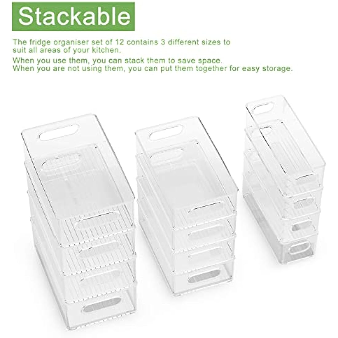 Finew Fridge Organiser Set of 12 (4 Small / 4 Medium / 4 Large), Stackable Storage Bins, Clear Kitchen Organisation Containers for Pantry, Cupboards, Refrigerator, Bathroom - BPA Free