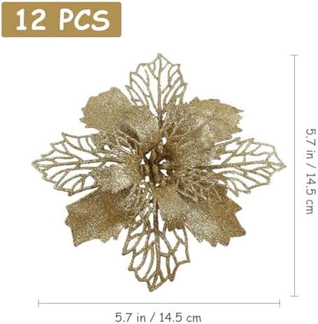 12pcs Glitter Poinsettia Christmas Artificial Flowers Christmas Tree Floral Ornaments Decorations Xmas Tree Pendant Christmas Wreath Filler (Golden)
