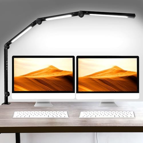 segrass LED Desk Lamp with Clamp, Flexible 4 Sections Swing Arm, Three Light Sources, 4 Color Modes & 5 Brightness, Eye Caring Table Light with Memory Function for Office