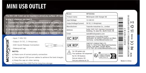 MOTOPOWER MP0609A 3.1Amp Motorcycle USB Charger Kit for Phone, GPS or Sport Camera