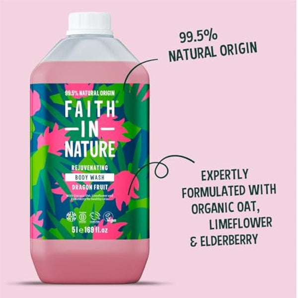 Faith In Nature Natural Dragon Fruit Body Wash, Rejuvenating Shower Gel, Vegan & Cruelty Free, No SLS or Parabens, 5L Refill Pack