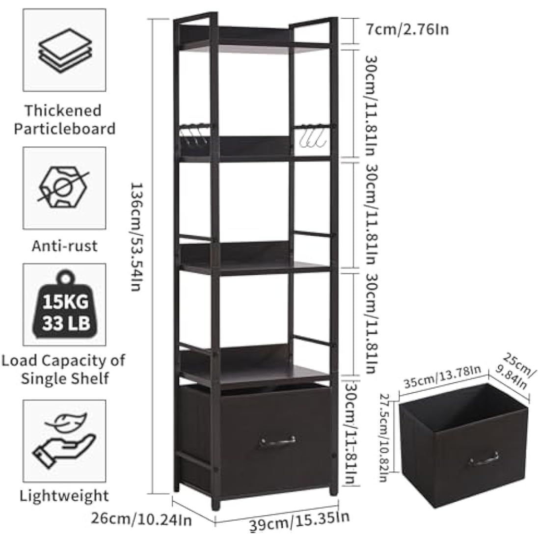 Aibiju Ladder Shelf，5 Tier Bookshelf with Fabric Cloth Drawer, Industrial Ladder Shelf,Steel Frame, Tall Narrow Bookcase with Shelves for Bedroom, Living Room, Black YD-BC001B
