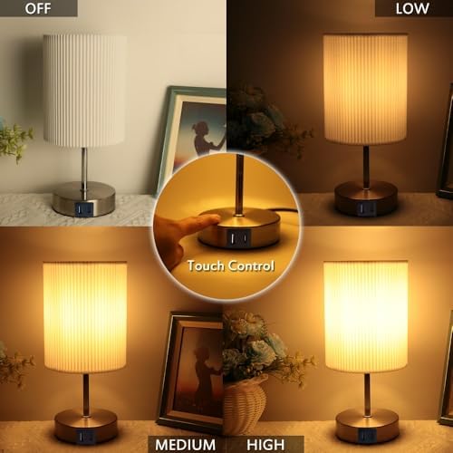 HSLighting Bedside Lamps, Touch Control Table Lamp with Metal Base 3-Way Brightness Changing Dimmable USB A+C Charging LED Light Bulbs Desk Lamp Minimalist Night Light for Bedroom Living Room, 2 Pack