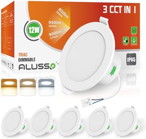 ALUSSO IP65 LED Downlights Ceiling Dimmable 12W 960LM LED Recessed Ceiling Spot Lights 3000K Warm 4000K Neutral 5700K Cool Adjustable Spotlights Ceiling Lights for Bathroom Kitchen, White, 6 Pack