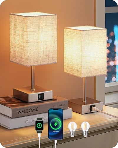 EDISHINE Bedside Lamps Set of 2, 3 Way Dimmable Table Lamps with USB A+C Charging Ports, LED Bulb Included, Touch Lamps for Bedroom, Living Room, Beige Linen Lampshade, 2700K