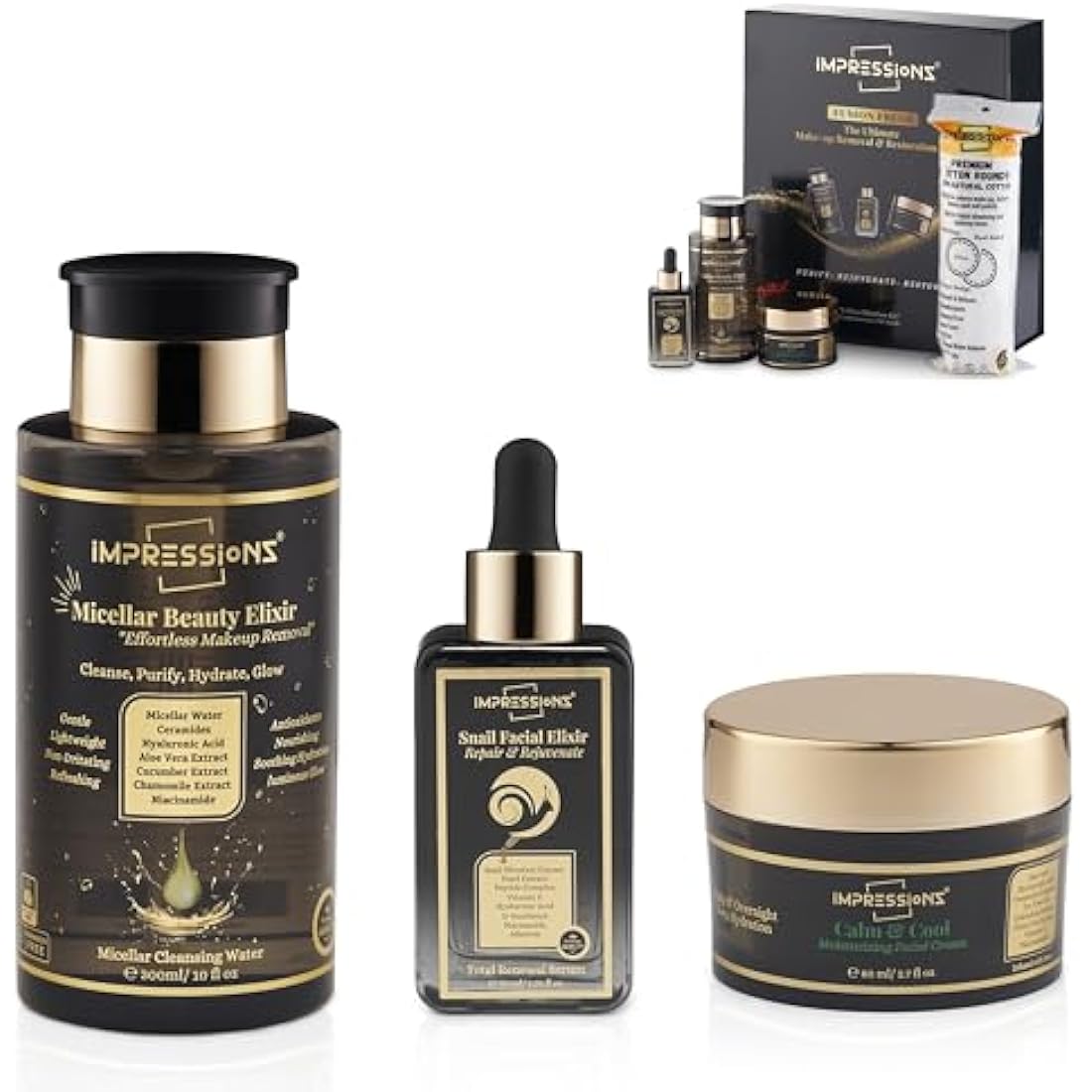 ImpressionZ 3-Step Skincare Set: Micellar Water, Snail Mucin Serum, Hydrating Moisturizer - Restores Skin After Makeup, Night Routine for Radiant, Age-Defying Skin, Suitable for All Skin Types
