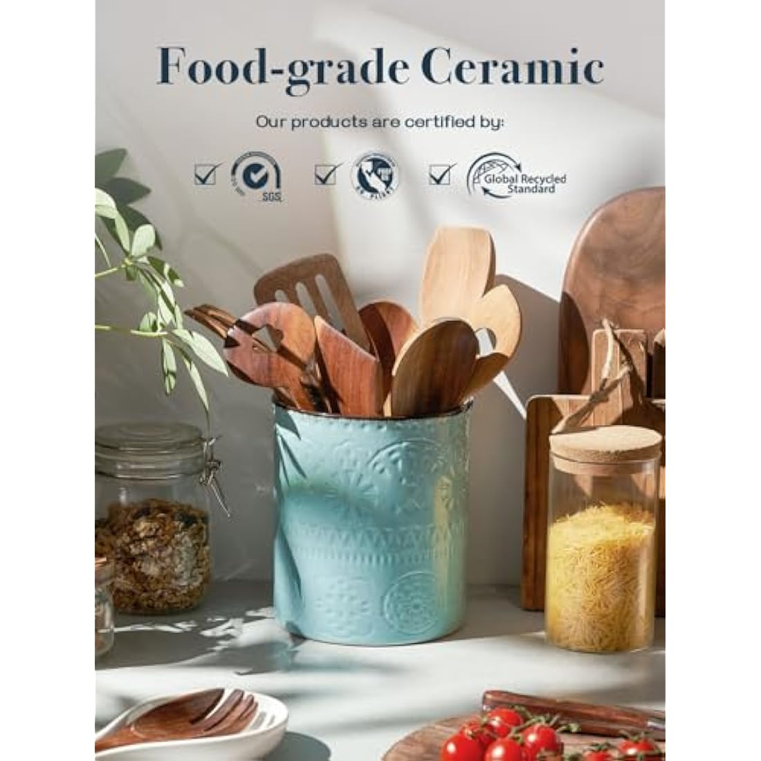 DOWAN Utensil Holder, 7.2 x 6.2 inches Large Kitchen Utensil Holder for Countertop, Ceramic Cutlery Holder, Romantic Relievo Crock, Utensil Caddy, Utensil Organizer, Ice Bucket, Vase, Home Décor-Blue