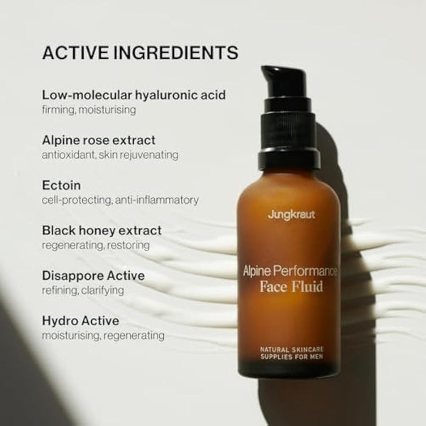 JUNGKRAUT Alpine Performance Face Fluid for men 1x50ml, natural face cream with hyaluronic acid, anti-aging, intense moisture, ultra-light, quickly absorbed, never greasy, made in the Swiss Alps
