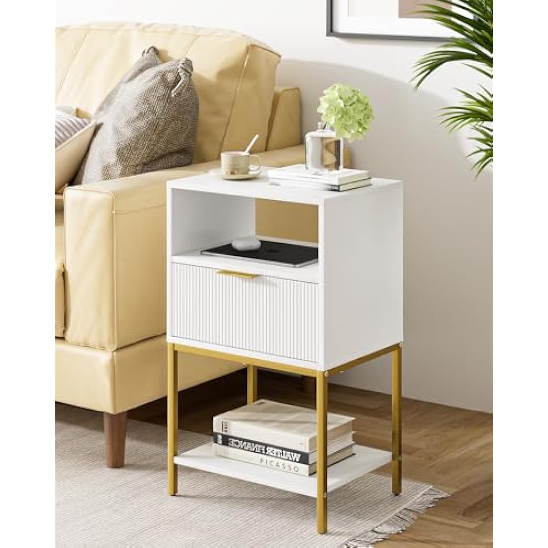 HEYZOEY Bedside Table, Small Bedside Cabinet with Drawer and Storage Shelf, 25.4" H Tall Nightstand End Sofa Side Table with Gold Frame for Bedroom, Living Room, White