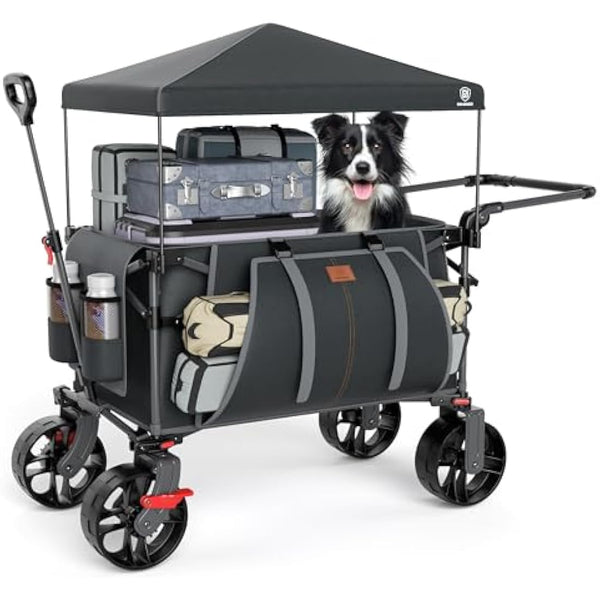 EVER ADVANCED 225L Festival Trolley on Wheels with Removable Canopy, 150KG Heavy Duty Camping Trolley, Push & Pull Beach Cart with 3 Large Pockets, Garden Folding wagon Fishing Grey