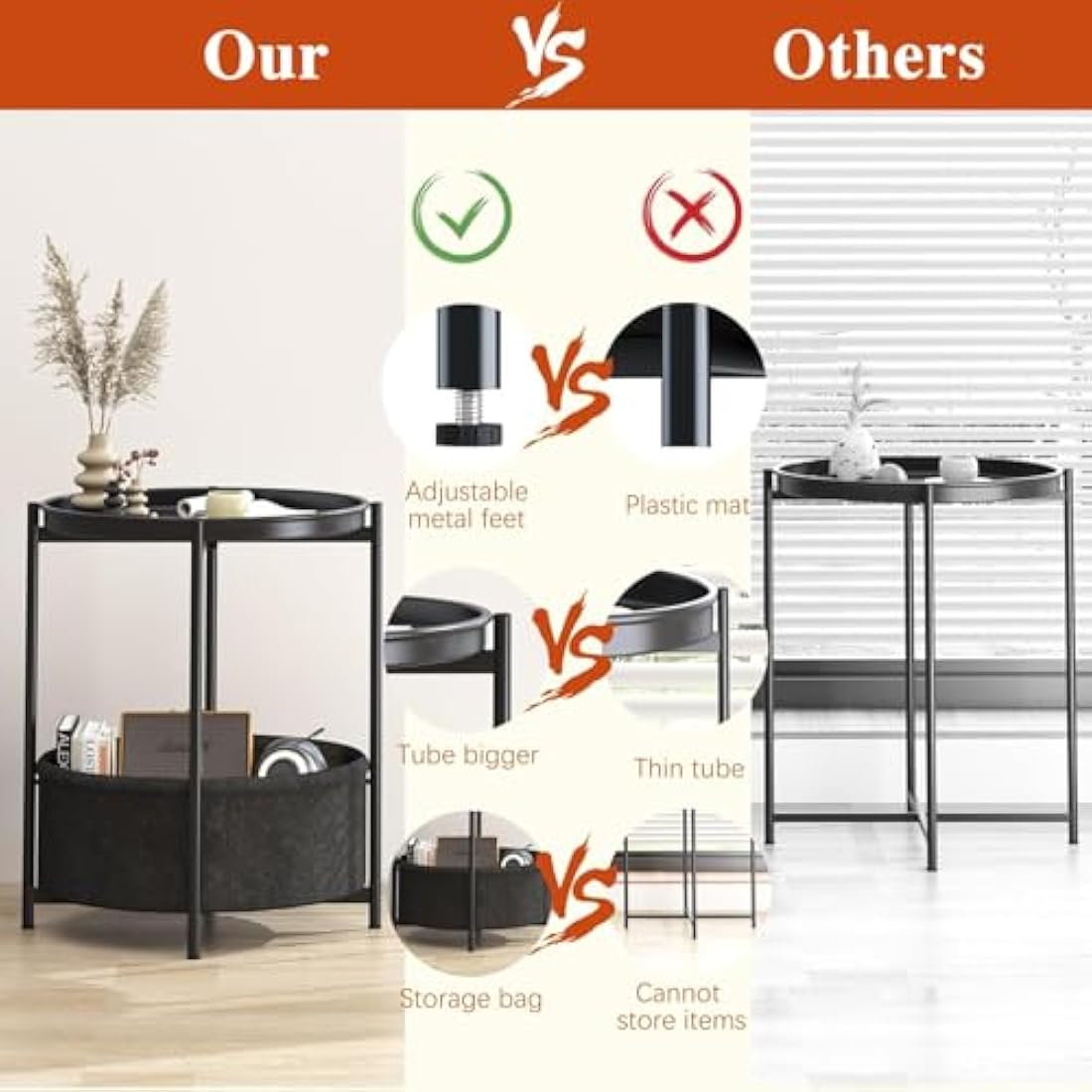 Huhote Side Table, Round End Table with Fabric Basket, Small Bedside Tables, Nightstand Sofa Tables for Living Room, Bedroom, Bathroom, Balcony, Modern Style (Black)