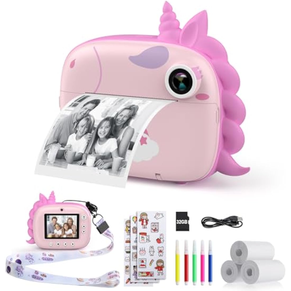 HiMont Kids Camera Instant Print, Digital Camera for Kids with No Ink Print Paper & 32G TF Card, Selfie Video Camera with Color Pens for DIY, Fun Gift for Girls Boys 3-14 Years Old (Pink)