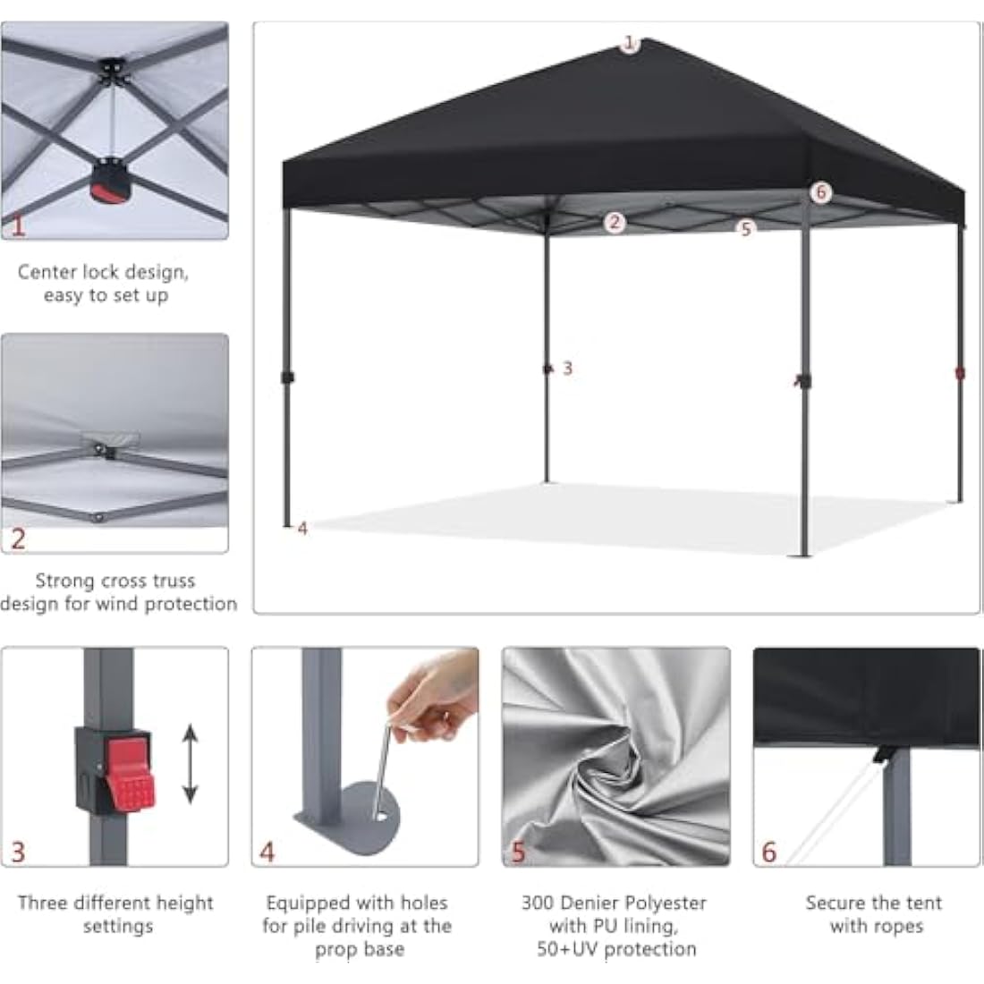 ABCCANOPY 2.5x2.5M Pop Up Gazebo Commercial Gazebo With Upgraded Roller Bag, 4 Weight Bags, Stakes and Ropes (Black)