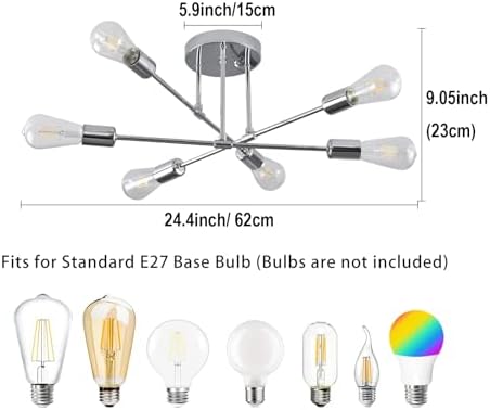 Hudi Fyier Modern Chandelier Light Fixtures, 6 Lights Modern Semi Flush Mount Ceiling Light, Pendant Lighting for Living Room Bedroom Dining Room Kitchen Office