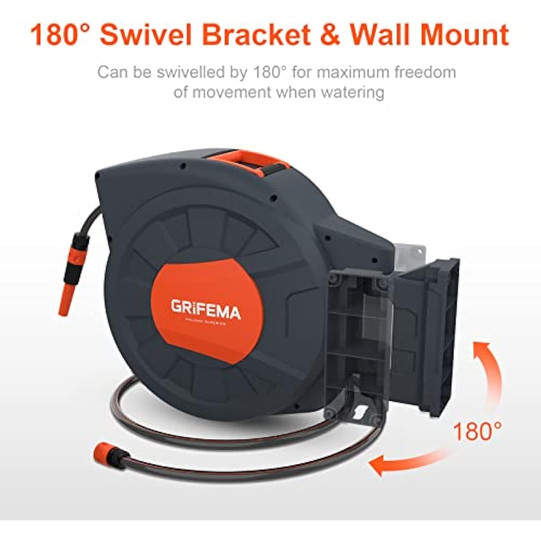 GRIFEMA G301-35 Garden Hose Reels Wall Mounted, 35M+2M Hose Pipes Reel for Garden, 180° Rotate, Retractable, Automatic Rewind with Adjustable Nozzle, Grey