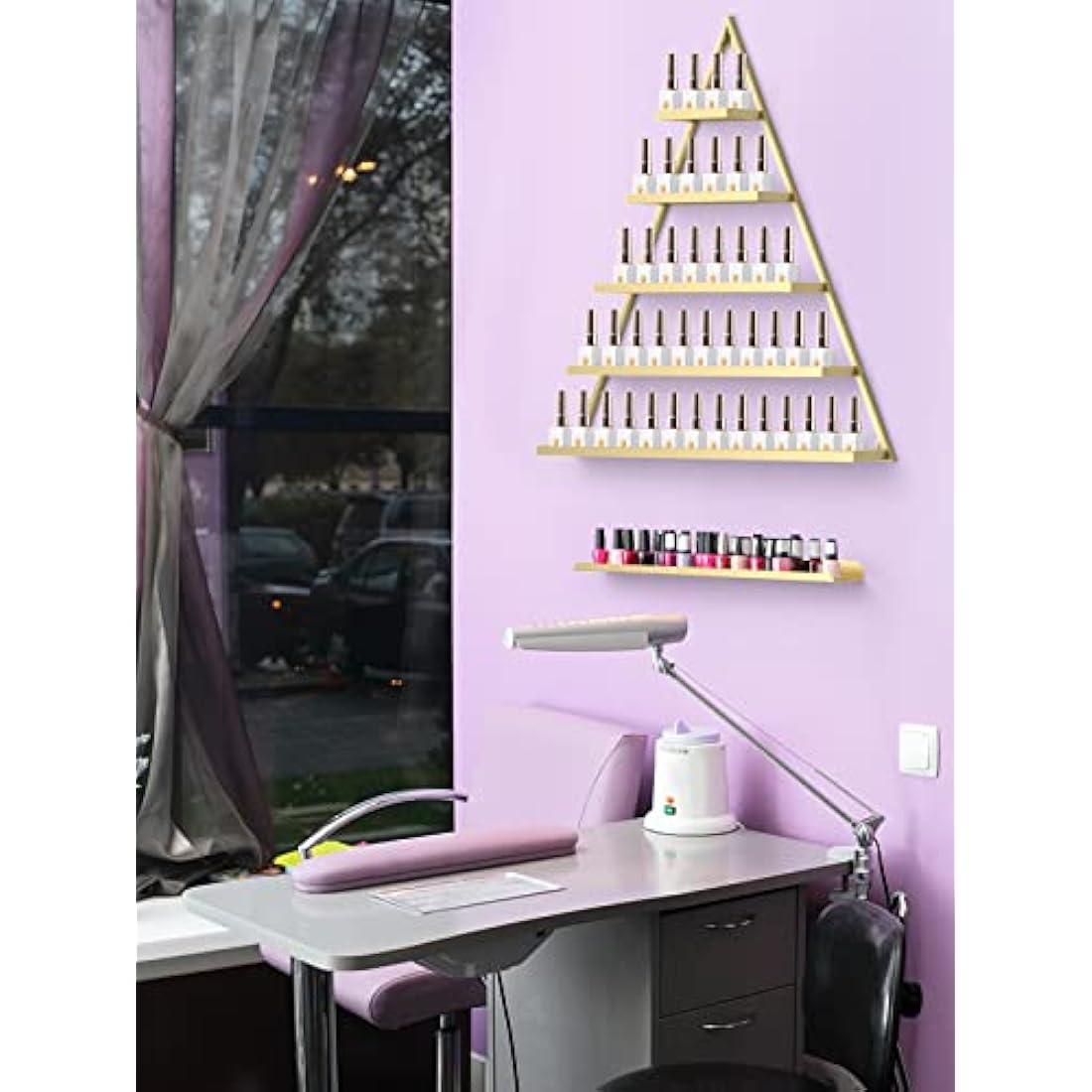Kalolary Metal Wall-mounted Nail Polish Storage Racks 5 Tiers Gold Triangular Display Rack Cosmetic Display Cases Lipstick Perfume Wall Shelf Essential Oil Organizers for Home Spa Nail Salon Shop