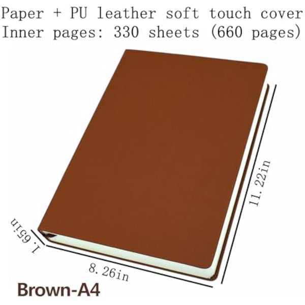 Drawing Thick Sketchbook Memo Writing Sketch Pad Diary 660 Pages Notebook Soft Faux Leather Cover Journal 80GSM Paper Notepad (Brown, A4)