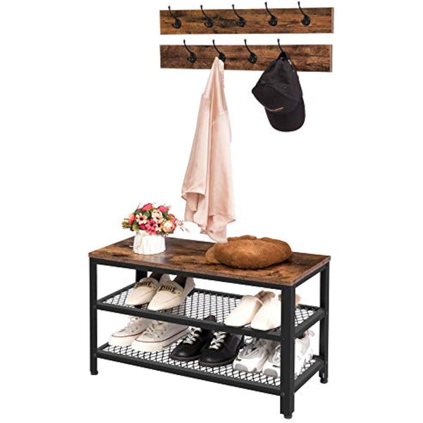 HOOBRO Coat Rack Shoe Bench Set, Hall Tree, Coat Stand Bench Set with 9 Hooks and Shelf, Multifunctional, for Hallway, Bedroom, Living Room, Rustic Brown and Black EBF17MT01
