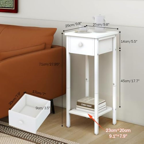 IBUYKE Slim Bedside Table Set of 2, Narrow Nightstand with Drawer, Telephone Table for Small Spaces, 25x25x70cm, Small Side End Table for Bedroom Living Room Hallway, White TMJ417W-2