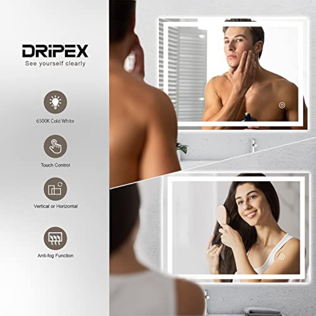 Dripex Bathroom Mirror with LED Lights, 500 * 700 MM Illuminated Bathroom Mirror Wall Mounted Vanity Mirror, Bathroom Light Mirror with Demister Pad, Horizontal/Vertical