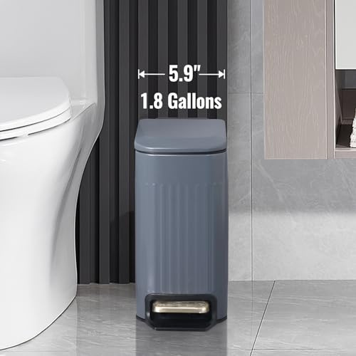 ELPHECO Slim Bathroom Trash Can Foot-Operated Stainless Steel Garbage Can with Soft Close Lid Step Trash Bin with Removable Inner Bucket for Bedroom, Office, Kitchen (Matt Grey, 1.8 Gallons)